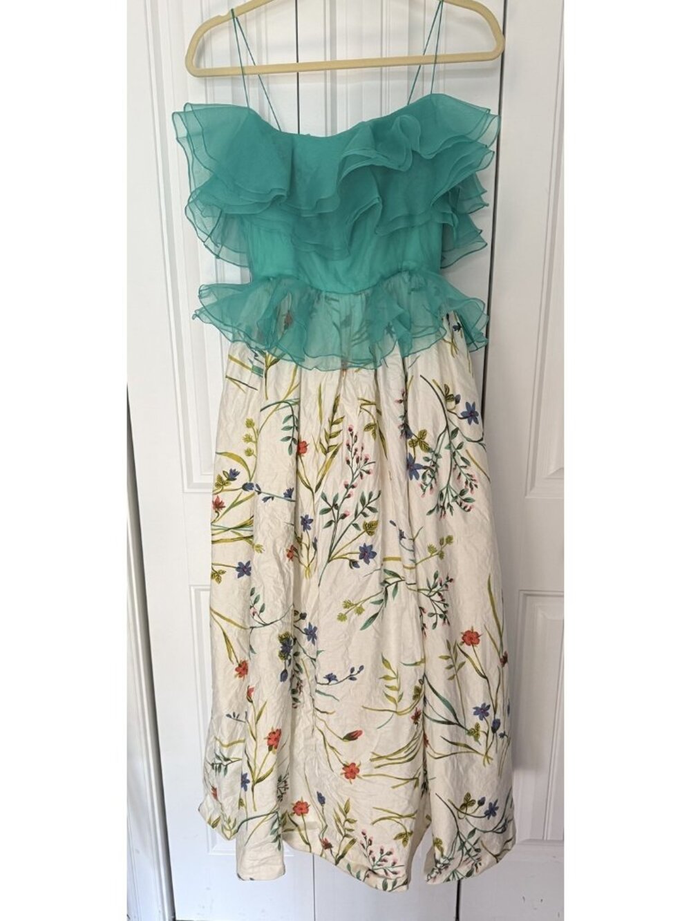Vintage Dress William Pearson Womens 6 Green Ruffled Bodice Floral Skirt Party